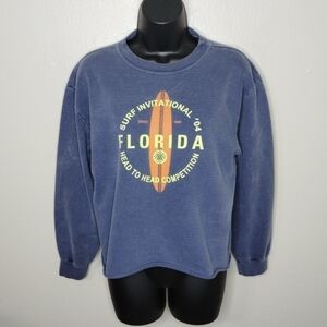 Vtg Breezin' Up Kids Surf Womens Small Sweatshirt USA Crop Surfer Girl Sun Faded